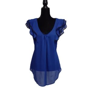 Duo Maternity Women's Navy Blue Sheer Blouse with Ruffled Sleeves Size Large